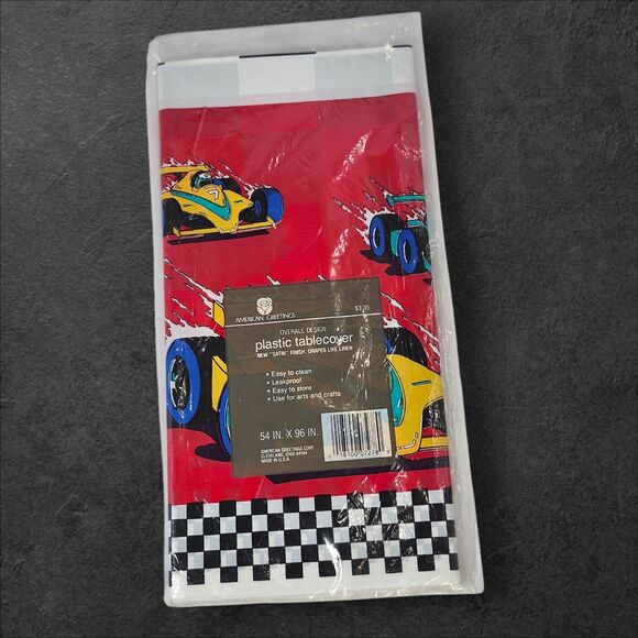 Vintage '90s Race Car Tablecloth American Greetings NOS 54x96 Red Checkered Flag - Picture 2 of 2